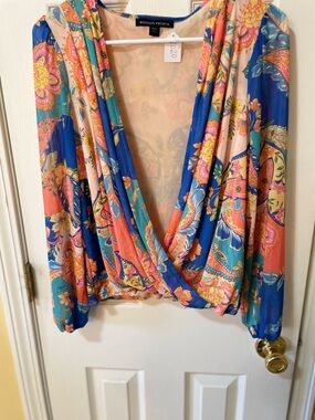 Boston Proper Size S Sheer Paisley Wrap Top Colorful Boho